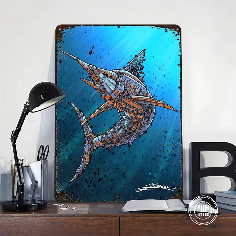 Steampunk Marlin Poster Retro 3D Printed Metal Signs Customized Wall Hanging Gift for Bedroom Decorations Decoration Home House