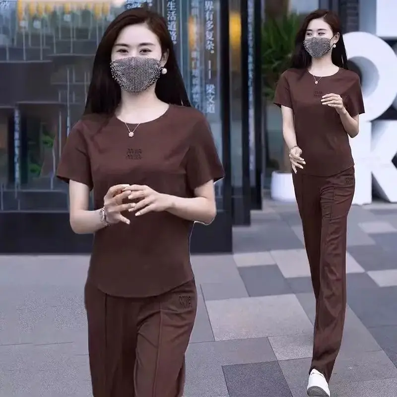 Sports Fashion Women's Set 2024 Summer New Western Style Short Sleeved Slim Loose Wide Leg Pants Casual Two-piece Set