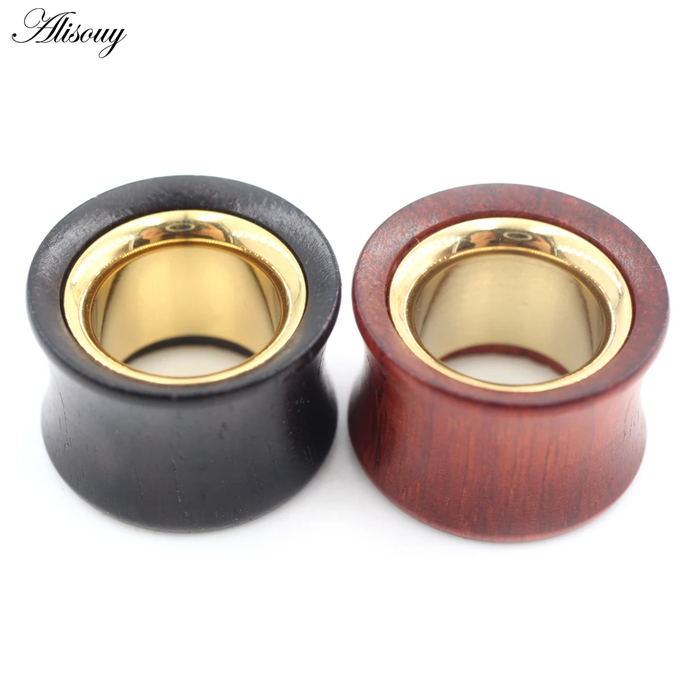 1PC 8-25mm Natural Wood Hollow Gold Color Stainless Steel Ear Tunnel Plug Expander Stretcher Gauge Earring Piercing Body Jewelry