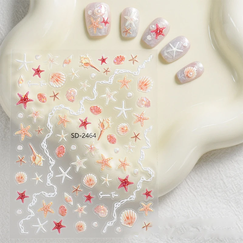 Concha de estrella de mar pegatinas de uñas lindas pegatinas decorativas de estrella de mar para uñas DIY 5D autoadhesivas calcomanías de manicura de verano