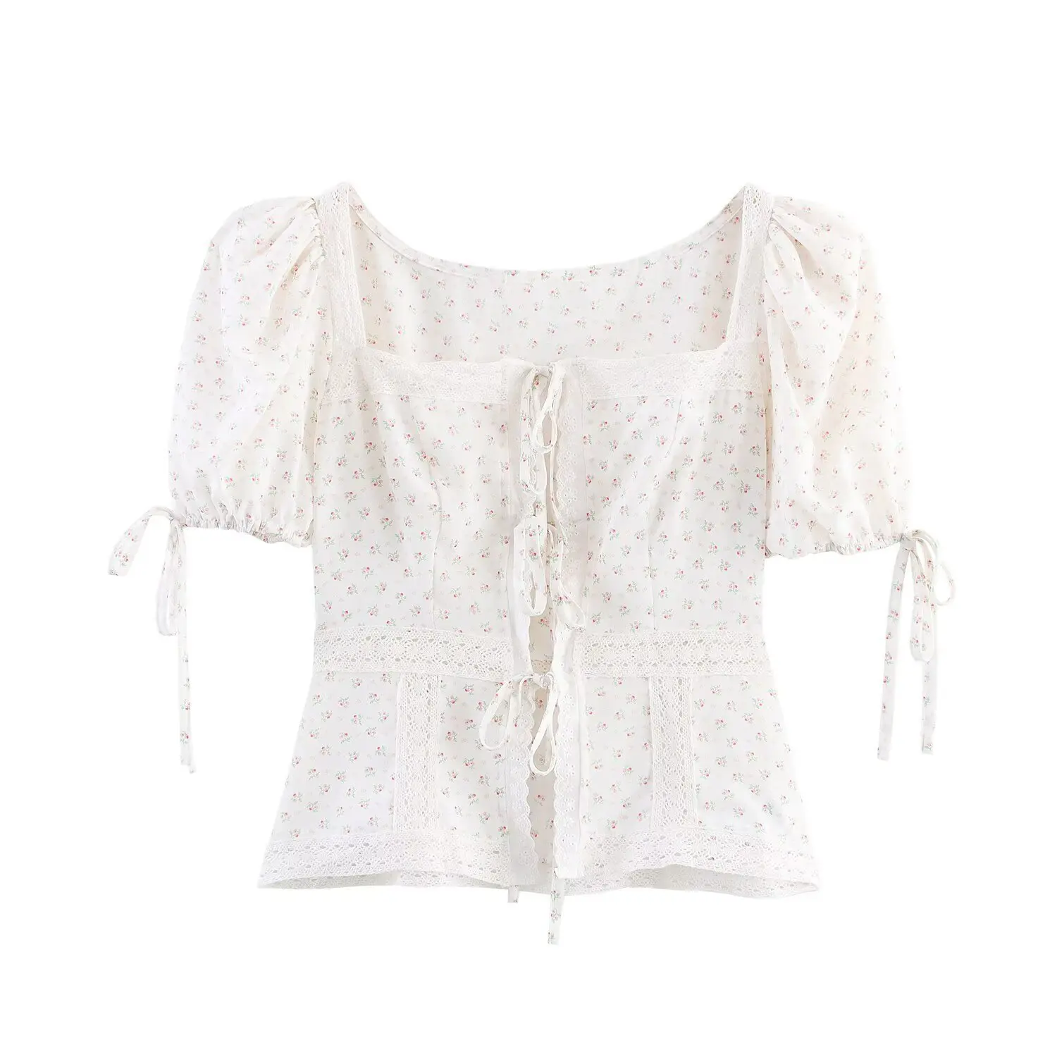 

Summer Faionable Casual V-Neck Short Sleeve Cover up Top Blouse Sweet Preppy Polka Dot Bubble Sleeve Shirt