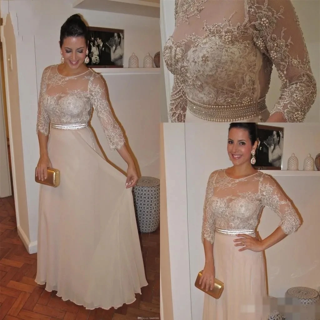 Champagne Plus Size Lace Mother Of The Bride Dress Sheer Scoop Neck Beaded Prom Dresses A-Line Floor Length Long Chiffon Formal