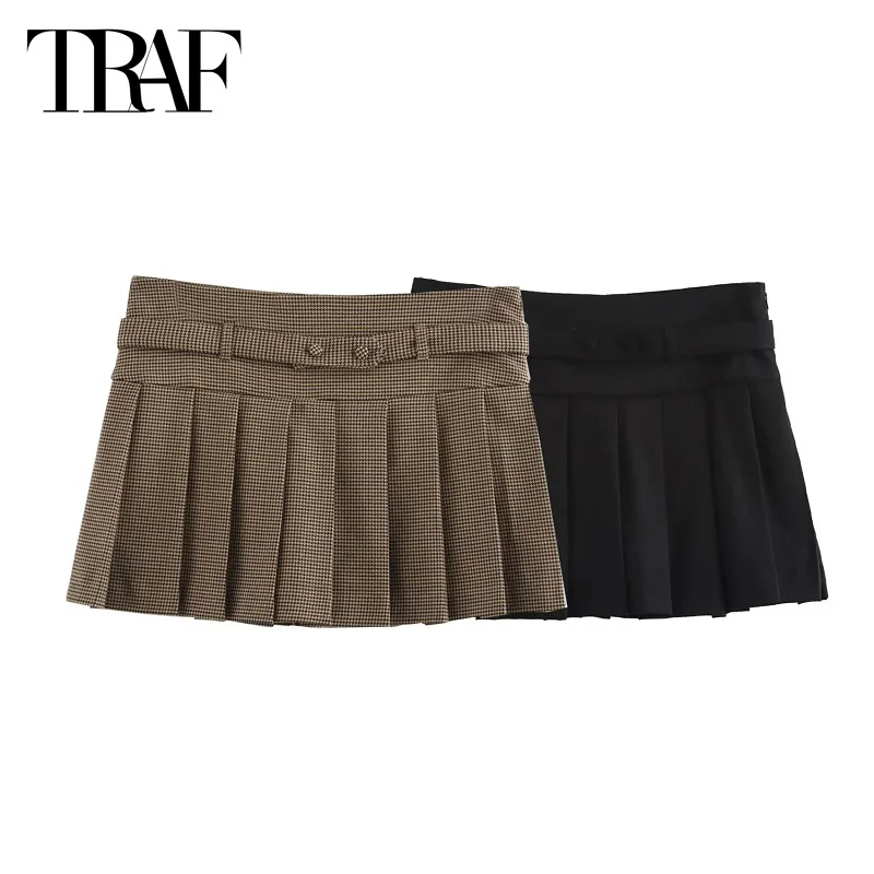 TRAF Women's Mini Skirt Pants 2024 Autumn Mid Waist Belt Skirt Shorts Fashion Casual Elegant Party Pleated Short Skirts Female