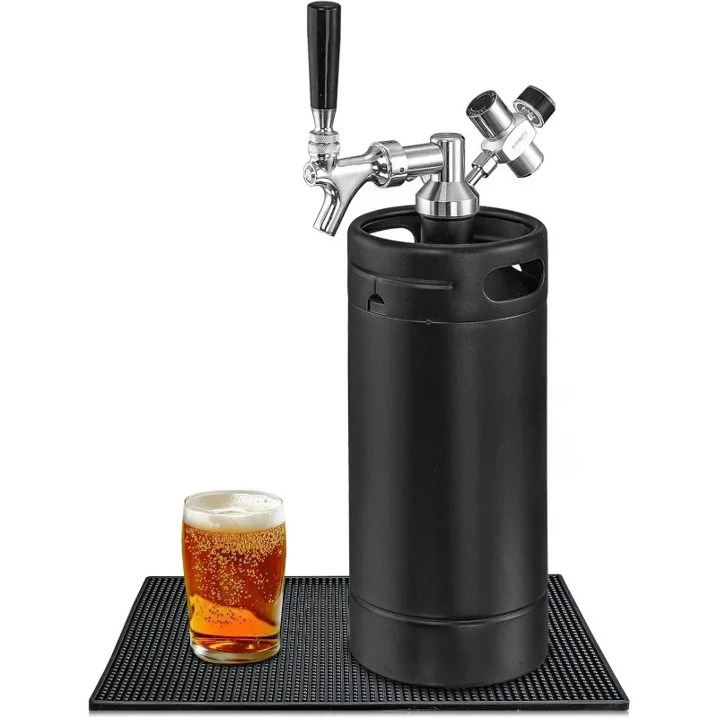 Portable Mini Keg Draft Beer Dispenser System with Drip Mat & Foldable Funnel, 128 oz Stainless Steel Growler, Matte Black
