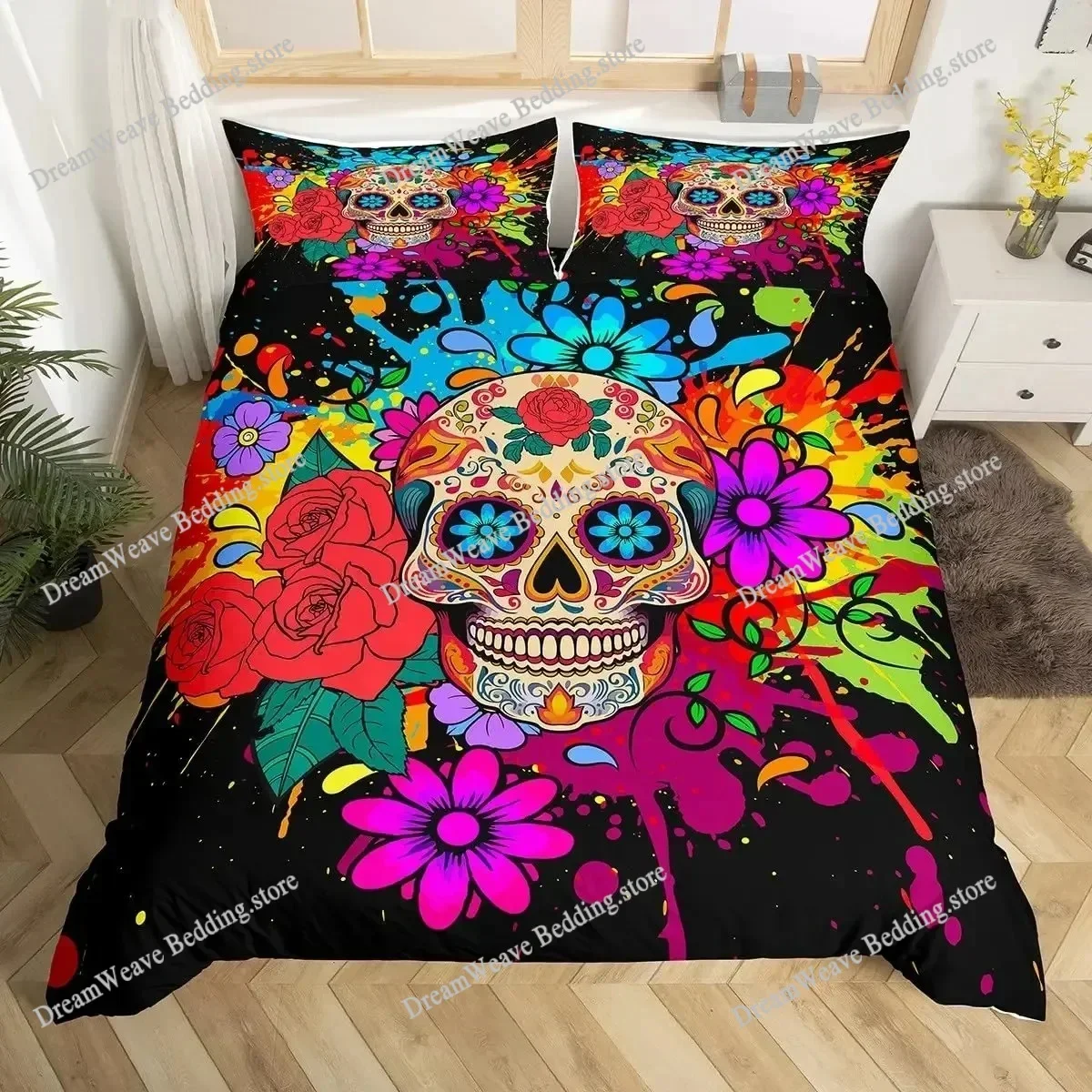 Sugar Skull Duvet Cover King, 3D Skull Bedding Set For Boys Girls, Bones Skeleton Blue Roses Comforter Cover With PillowcasesFQH