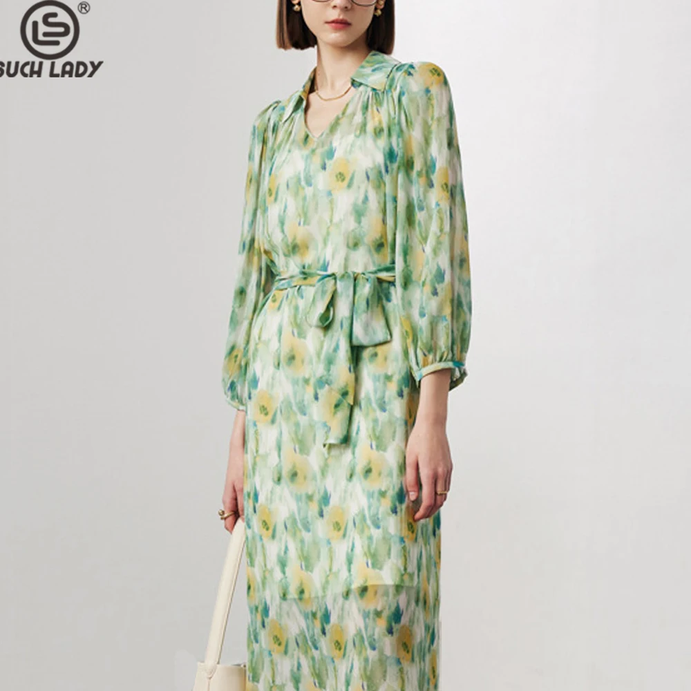 

100% Silk Women's Dresses Turn Down Collar Long Sleeves Printed Lace Up Belt Elegant Fashion Mid Vestidos
