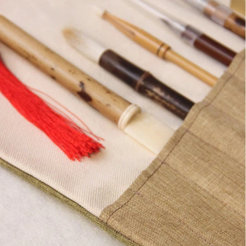 Picture 4: Cotton Linen Calligraphy Brush Roll Case Chinese Style Large Capacity Storage Bag Portable Calligraphy Painting Brush Roll Pouch
