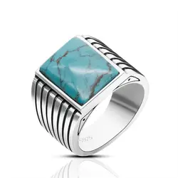 Wholesale Sliver Hand Ring 925 Sterling Silver Men Vintage Natural Turquoise Stone Handmade Fashion Simple Rings Male