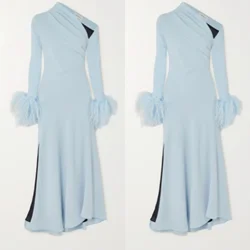 Elegant Light Blue One Shoulder Evening Dress With Feathers Muslim Mermaid Side Slit Robe De Mariée Party Gown For Women 2023