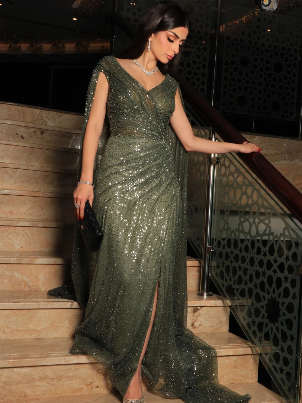  Evening  Sexy Casual  Jersey Draped Pleat Sequined Clubbing A-line V-Neck Bespoke Occasion Gown Long Dresses