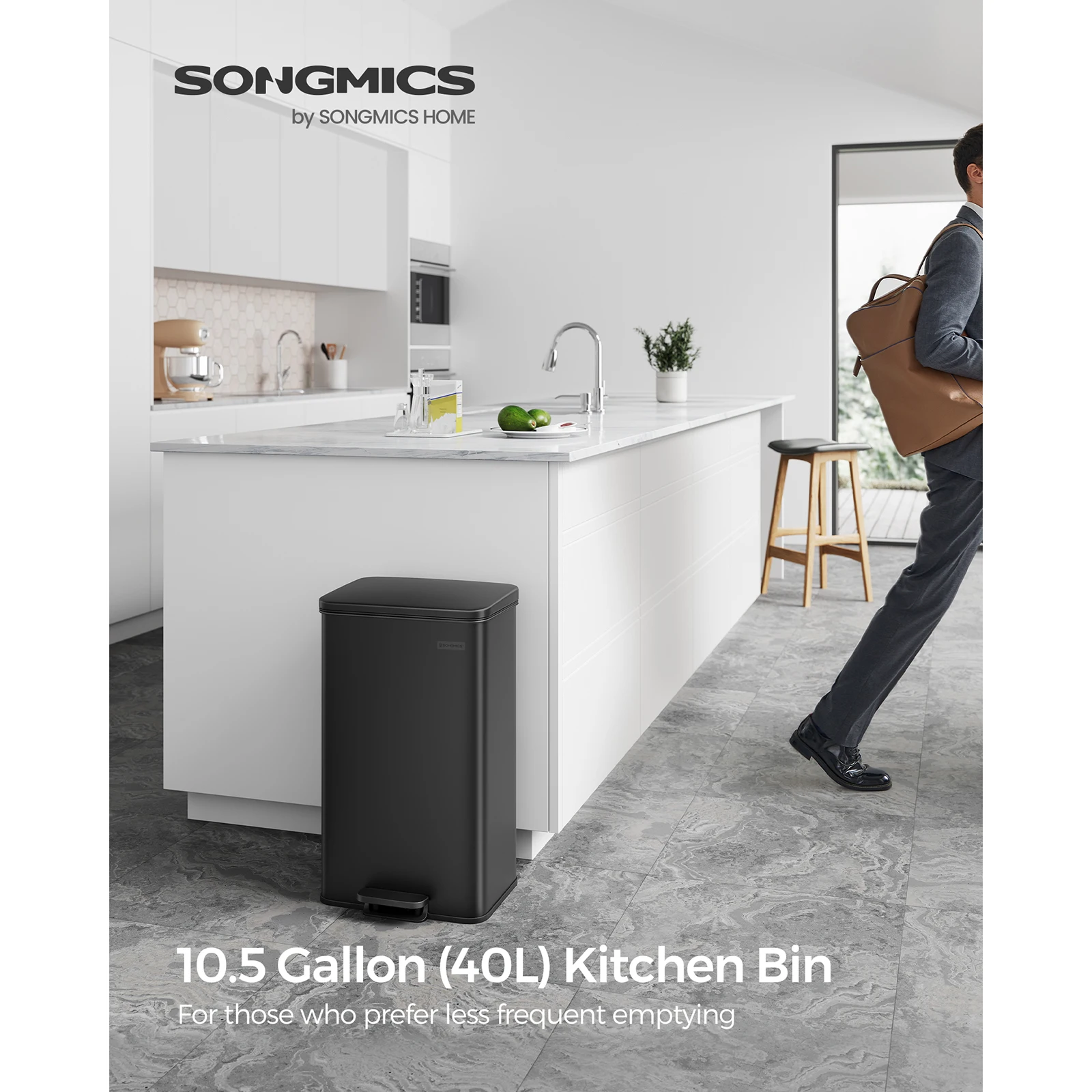 SONGMICS Kitchen Bin, 10.5 Gallon (40L) Rubbish Bin, Large Step Bin with Lid, Steel, Soft Close, 15 Liner Bags Included