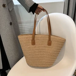 Large capacity beach grass woven bag for women's vacation travel, summer woven beach bag, single shoulder tote bag