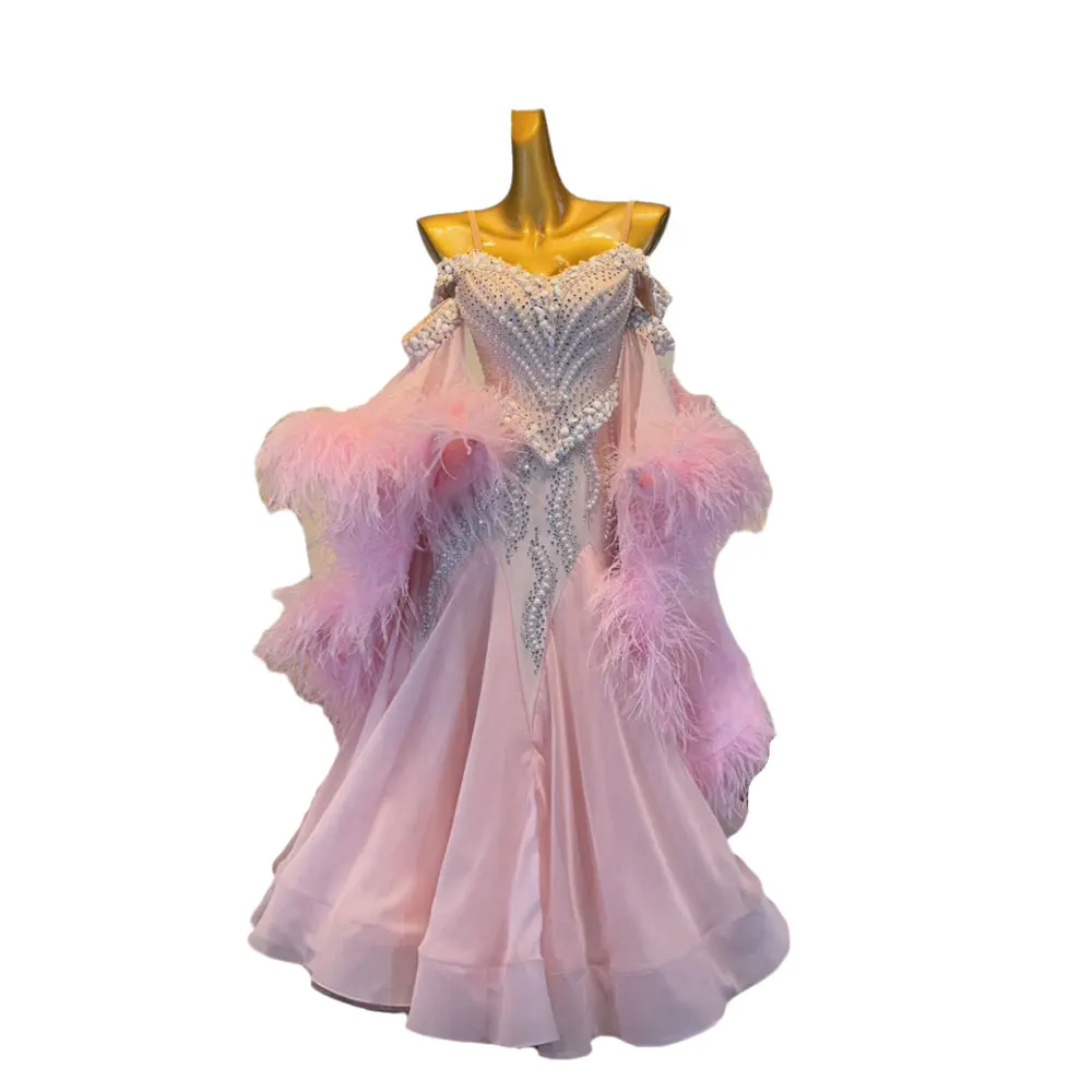 Latin Modern Dance Costume Diamond Women\'s High end Customized Big Pearl Pink Strap Skirt Waltz Performance Dress