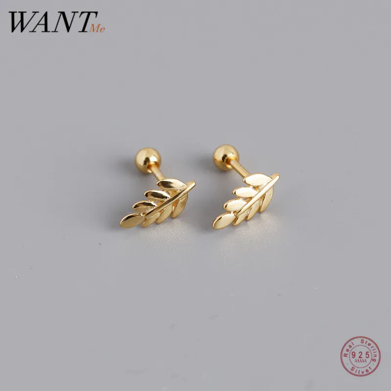 WANTME 925 Sterling Silver Fashion Simple Ear Bone Piercing Screw Beads Leaf Stud Earrings for Baby Women Statemnet Gold Jewelry