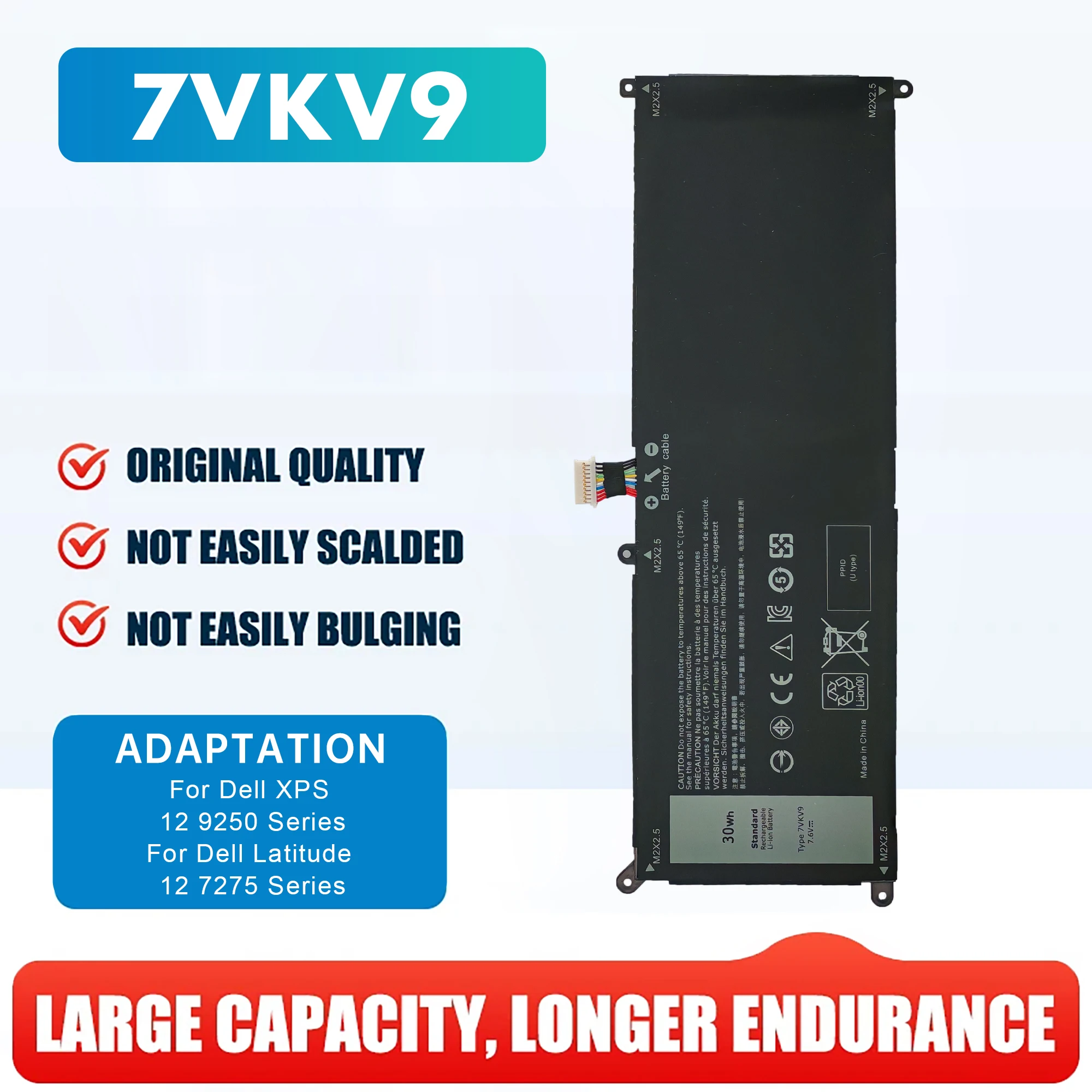 New 7VKV9 Laptop Battery Lithium Ion Batteries 7.6V 30Wh 2Cell 4500mAh for DELL XPS 12 9250 Latitude 12 7275