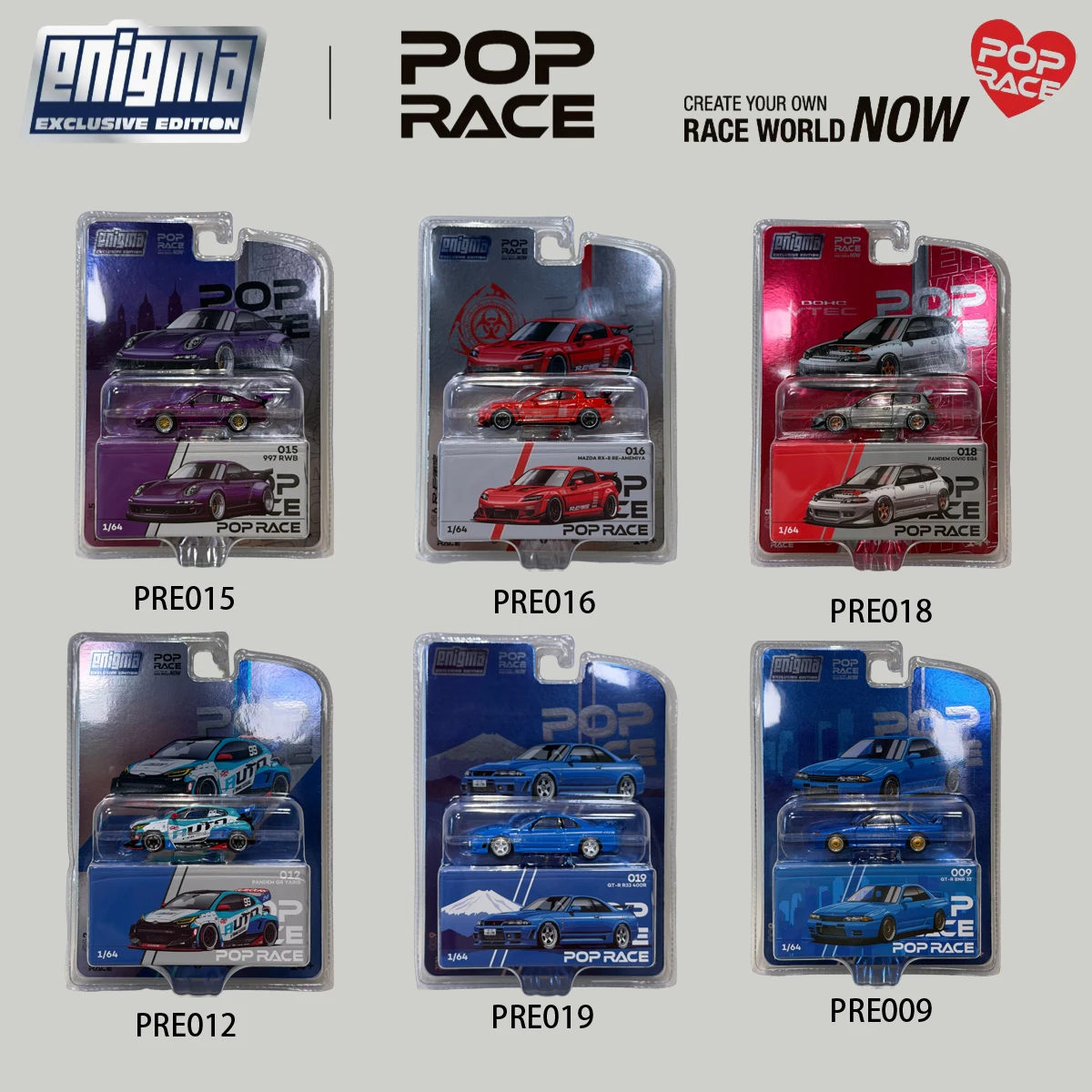 POP RACE 1:64 Blister Pack Set JDM R32 R33 Yaris EG6 RX-8 RWB997 Diecast Model Car Collection PRE009 PRE012 PRE015 PRE018 PRE019