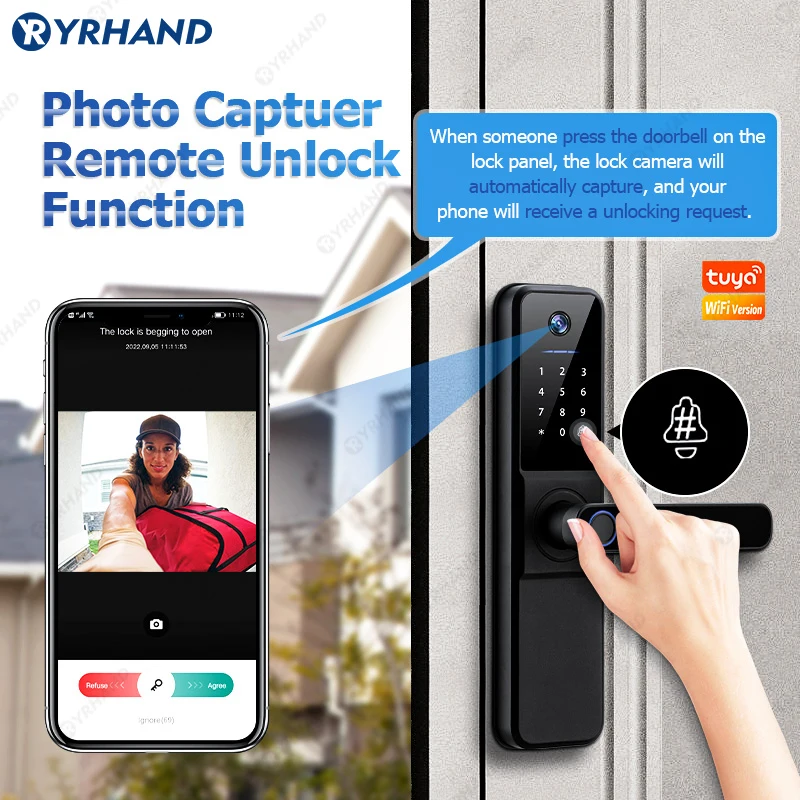 YRHAND Tuya Wifi fechadura eletronica digital Smart Door Lock With Biometric Camera Fingerprint Smart Card Password For home