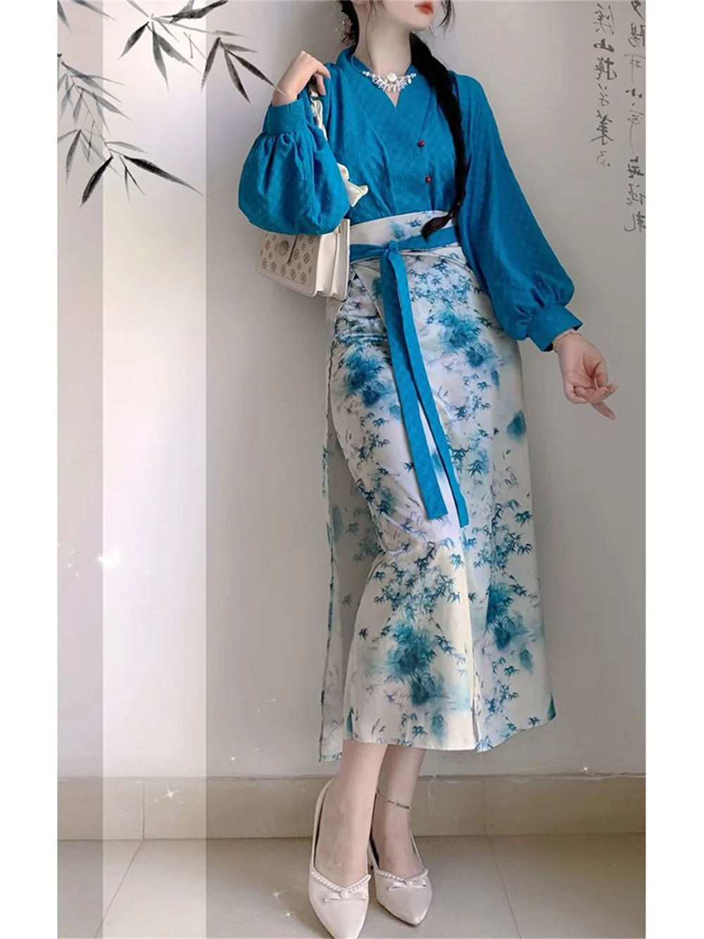 Spring new Chinese style Han elements improved Ming Hanfu blue dress children tea wear two-piece set