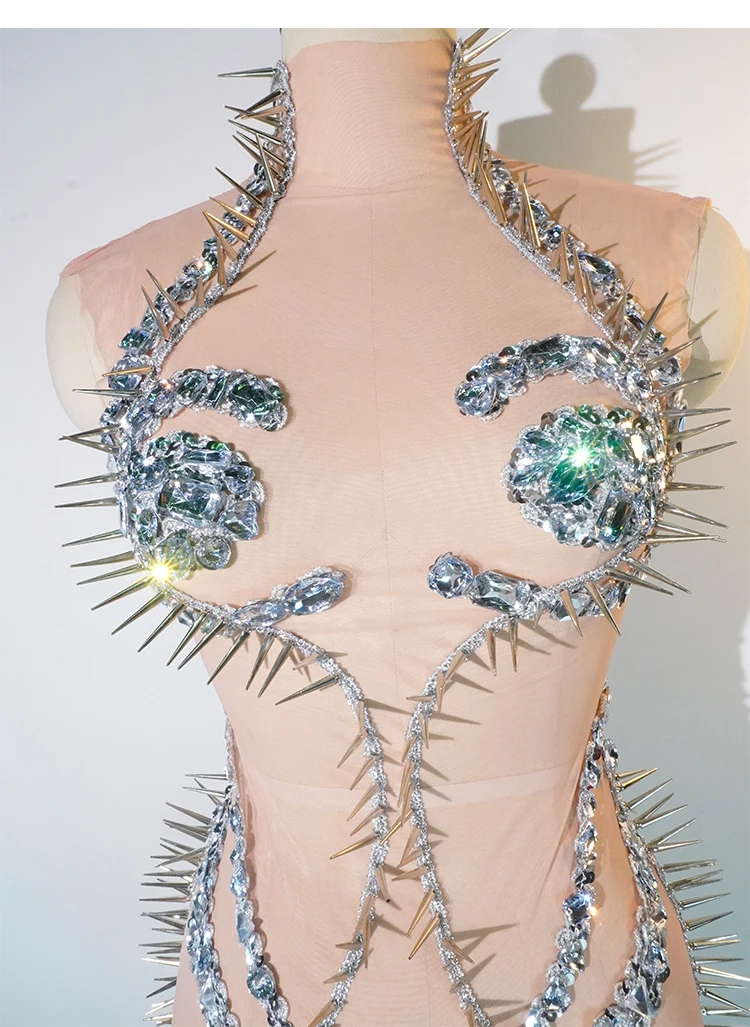 レディース光沢のあるピンクのラインストーン新しい Djnightclub クラブバー卒業誕生日パーティー衣装歌手ダンスパフォーマンスステージ衣装