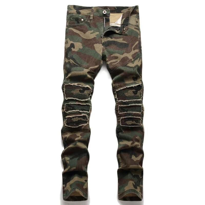 New Men'S Bike Jeans Fashionable Slim Fit Straight Leg Broken Hole Camo Patch Washed Casual Motorcycle Cotton  Denim Pants