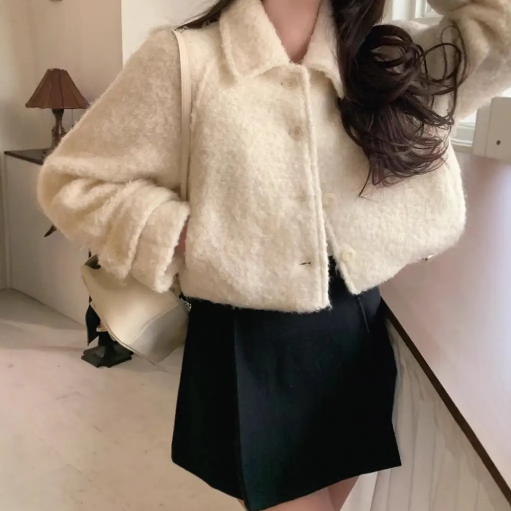 

Women's Korean Chic Autumn Winter Short Quilted Jacket Lapel Single-Breasted Sheep Hoop Woolen Small Fragrance Style