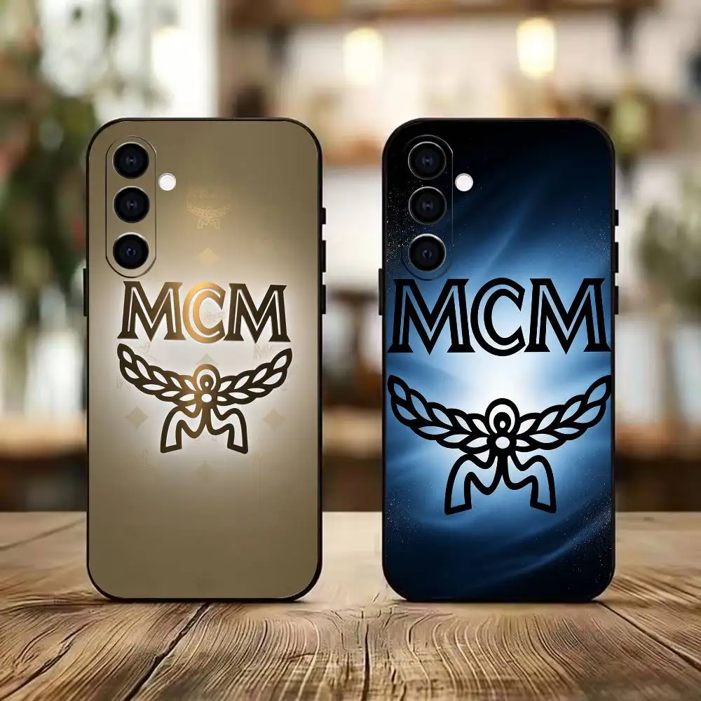 Luxury- brand M-MCM  Black Soft Silicone Phone Case for Samsung A73 20,21,22,31,32,52,53,72