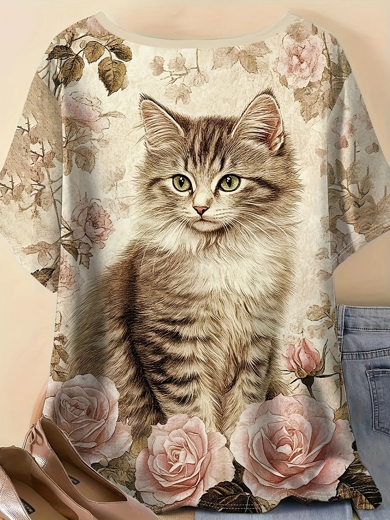 Women Crew Neck Short Sleeve T‑shirt Vintage Tabby Cat Pink Rose Floral Art Print Summer Casual Top
