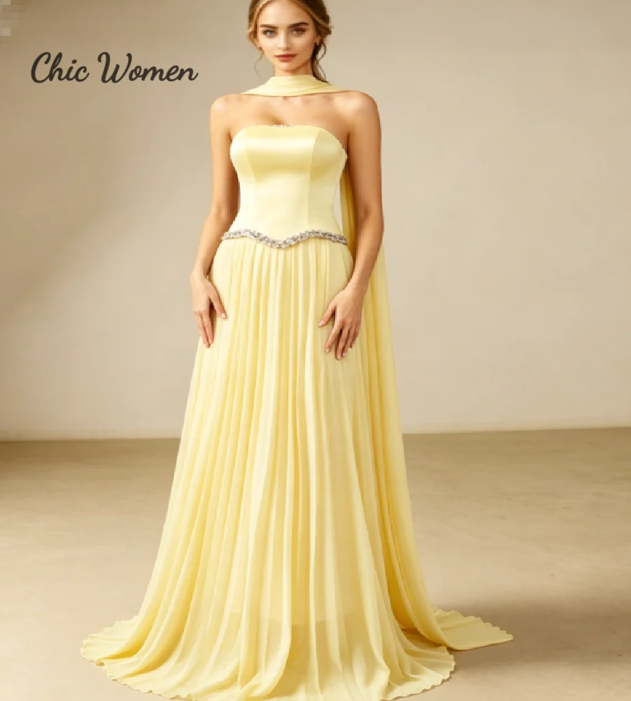 

Fairy Butter Yellow Prom Dress With Shawl Rhinestone Waist Arabic Evening Gowns Elegant Floor Length Chiffon Formal Birthday