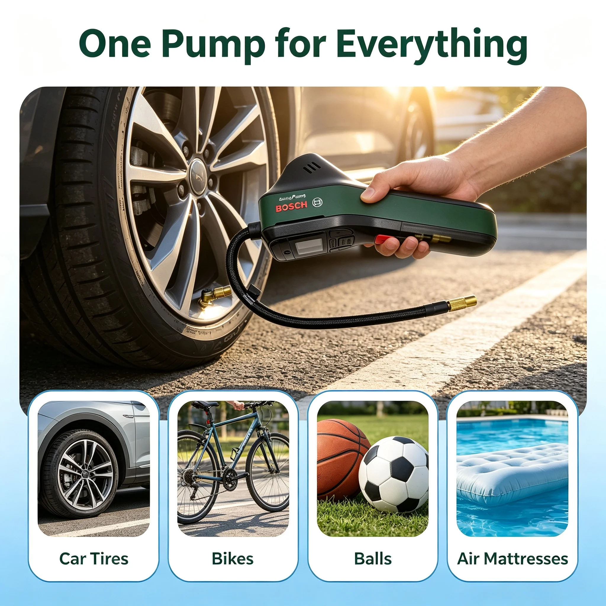 BOSCH EasyPump Cordless Portable Tyre Inflator, Mini Air Pump Compressor for Bike Car Tire Camping Outdoor Use