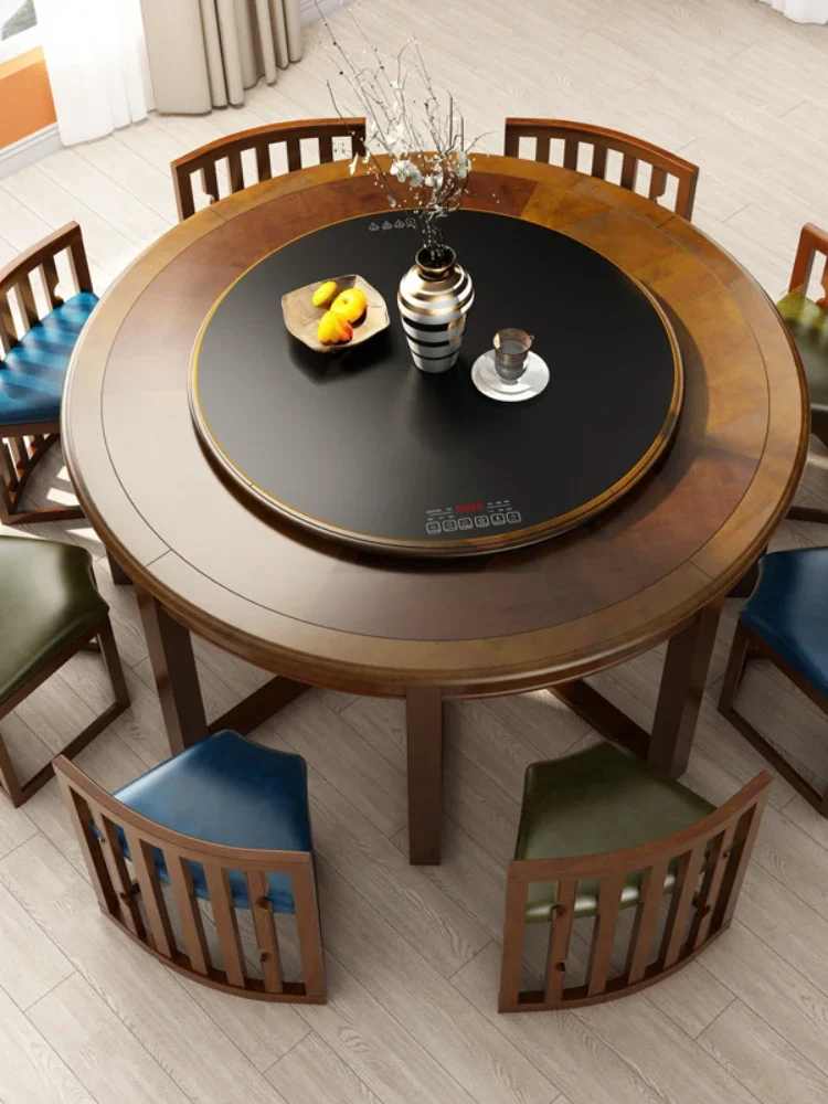 American-Style Solid Wood Dining Tables and Chairs Set Multi-Functional Constant Temperature Heating Turntable Meal