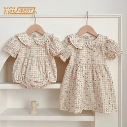 Summer Kids Baby Girls Short Sleeve Sweet Sisters Grid Print Dress Infant Rompers Kids Baby Girls Princess Clothes Rompers