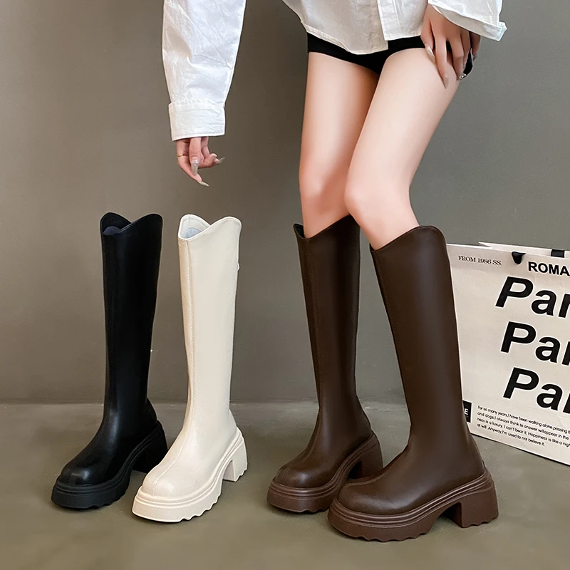 2025 женские высокие сапоги до щиколотки на толстой подошве, осенние новые стильные рыцарские сапоги с круглым носком, повседневные ботинки простого дизайна