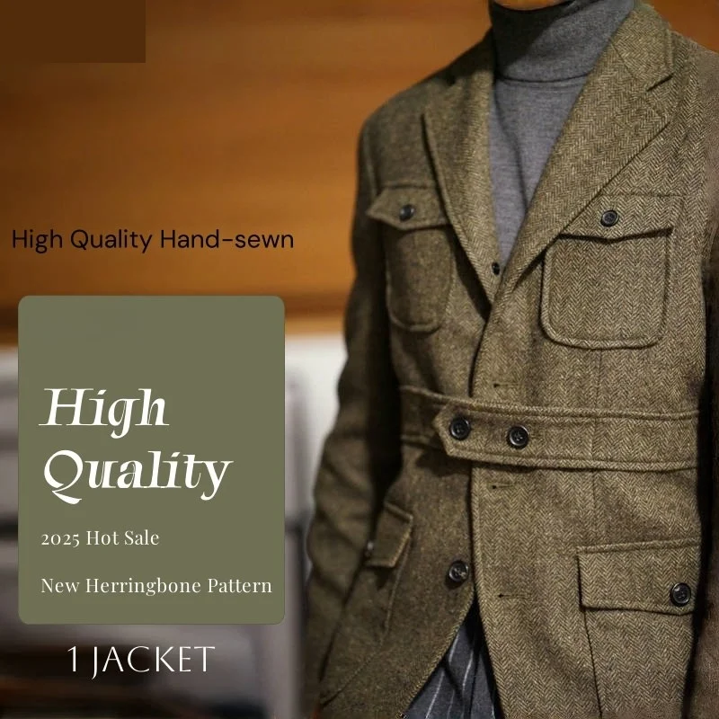 

Men's Classic Herringbone Tweed Hunting Jackets Blazer Three Buttons Sport Coats Wool Blend Coat with Four Pockets