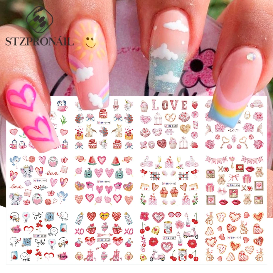 12pcs Pink Love Nail Art Water Sticker Combo Cute Young Girl Candy Cartoon Transfer Decals Tips Watermark Slider Manicure SLBN