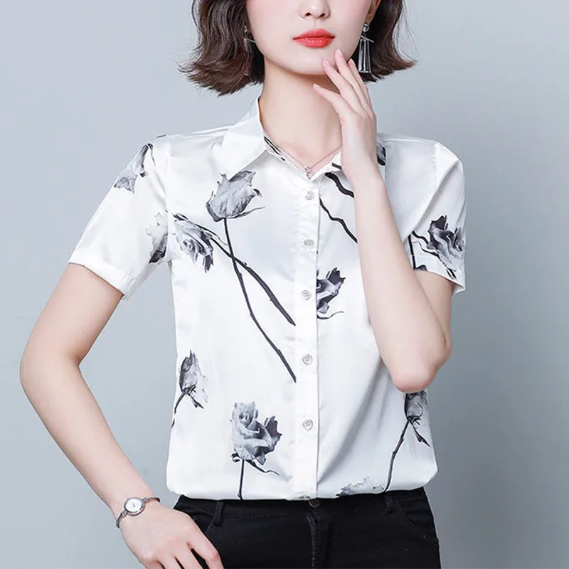 

Elegant Luxury Silk Satin Women Blouses Summer White All-match female short Sleeve Fashion Loose casual print cardigans Shirt