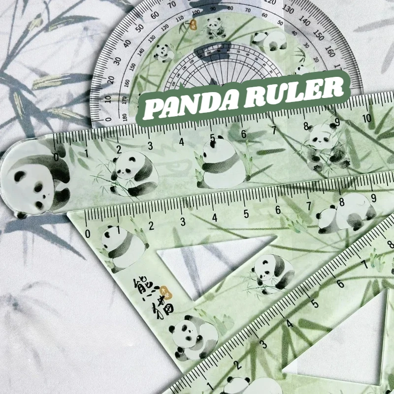 Chinese Cute Panda Bamboo Green Translucent Ruler 4-piece Set Student Plastic Straight Triangle Ruler Protractor Stationery Set