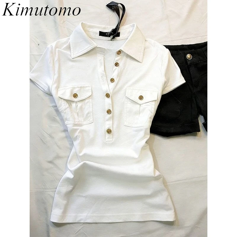

Kimutomo Vintage Shirts Women Short Sleeve Spring Summer Fashion Slim Pockets Button Tops Female Grunge Y2k Harajuku Blouse