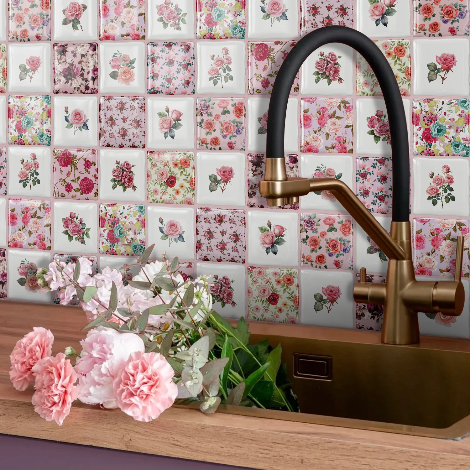 20pcs 3D PVC Retro Watercolor Rose Floral Glossy Square Wall Stickers, 15.25*15.25cm