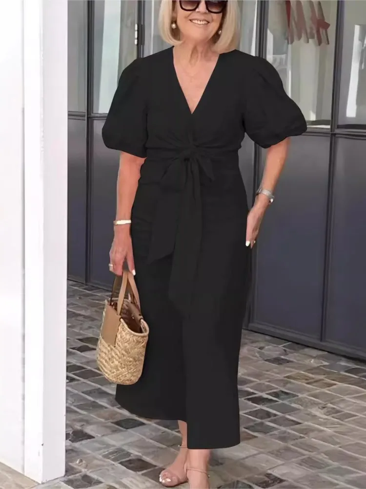 Fashion V Neck White Women Dress Spring Summer Elegant Casual Office Female Solid Lace Up Short Sleeve Dresses Robe Femme New