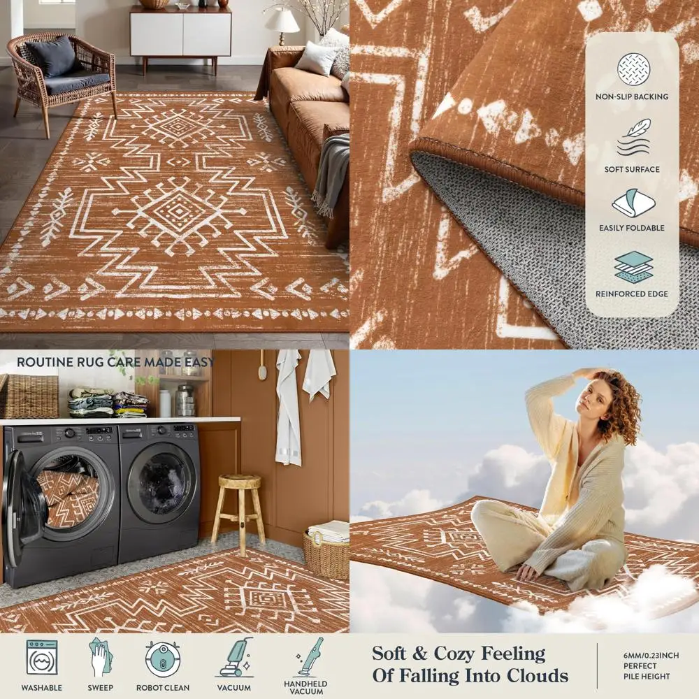 

Eco-Friendly Bohemian Orange Area Rug, 8x10, Washable & Stain Resistant for Living Room, Bedroom, Dining Area