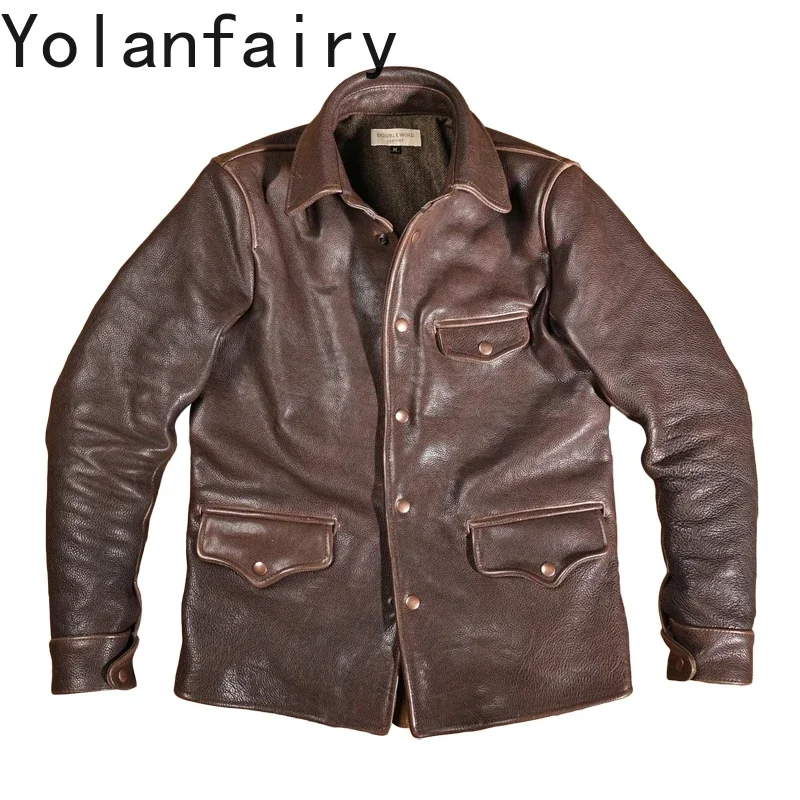 YOLANFAIRY Genuine Leather Jacket Men Clothing First Layer Cowhide Retro Slim Men's Coat Casual Leather Jacket Chaquetas Hombre