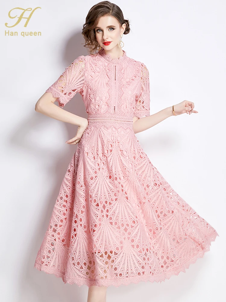 H Han Queen 2024 Spring New Elegant Party Dresses 2024 Floral Crochet Hollow Out Lace Vestido Patchwork Casual Office Midi Dress