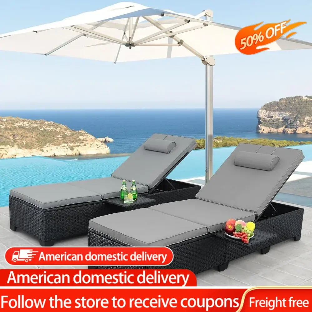 Outdoor Chaise Lounge Chairs for Outside Patio Furniture Set of 2 Black Rattan Pool Reclining Chair  Backrest Sunbathing