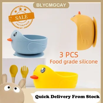 Silikonowa miska do karmienia kaczki z kreskówek Miska z przyssawką dla niemowląt Miska na kaczkę Zastawa stołowa do karmienia Widelec uzupełniający Łyżka Bez BPA