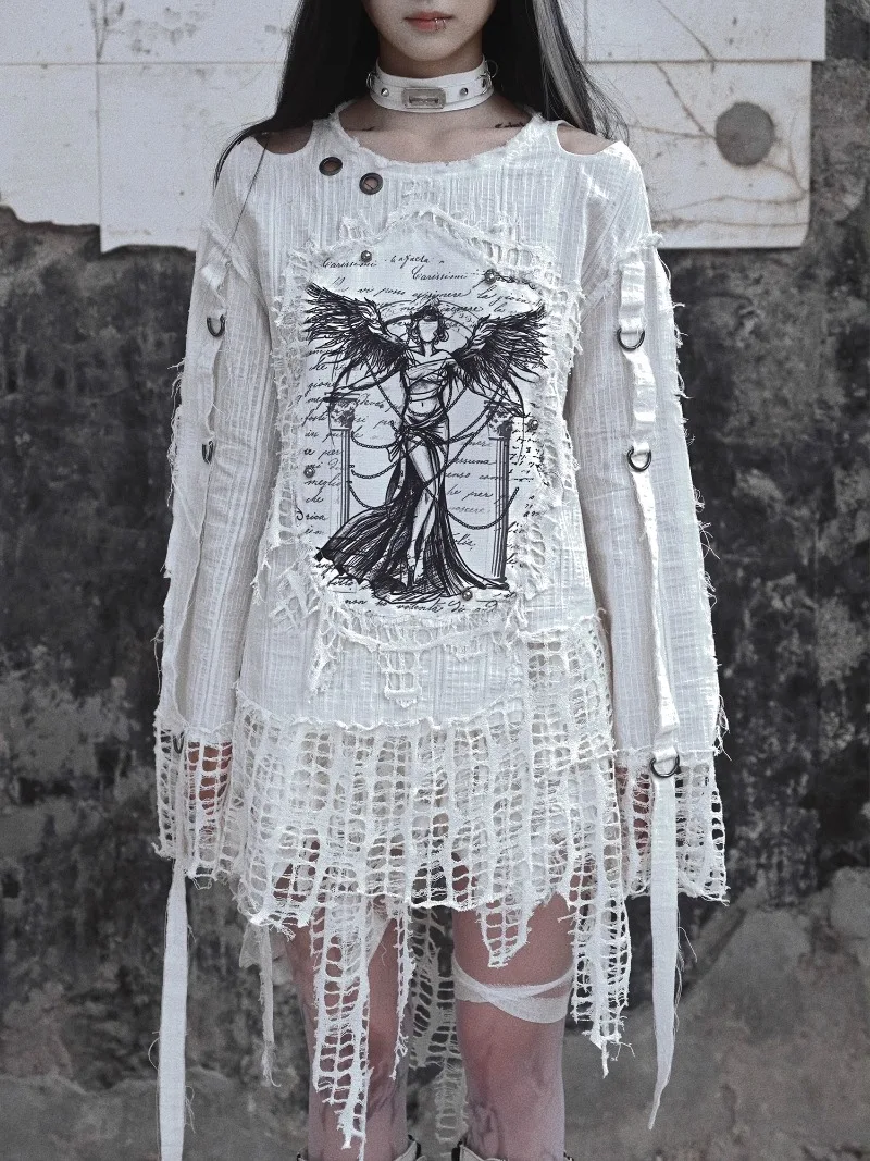 Japanese Original Crew Neck Three-dimensional Pure Cotton Punk Subculture Bondage Angel Restraint Clothes Printed Sweater Women