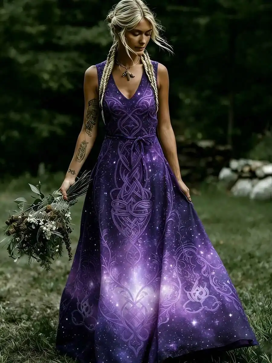 

Purple Galaxy Celtic Knot Print V-Neck Sleeveless Long Dress Polyester Boho Prom Gown