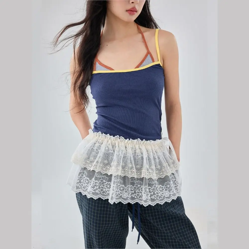 

Новая мини-юбка с вышивкой и кружевом, прозрачная, в стиле Y2K, уличная мода, с рюшами и шнуровкой, в стиле Харадзюку, с декоративными элементами в виде джинсовых вставок