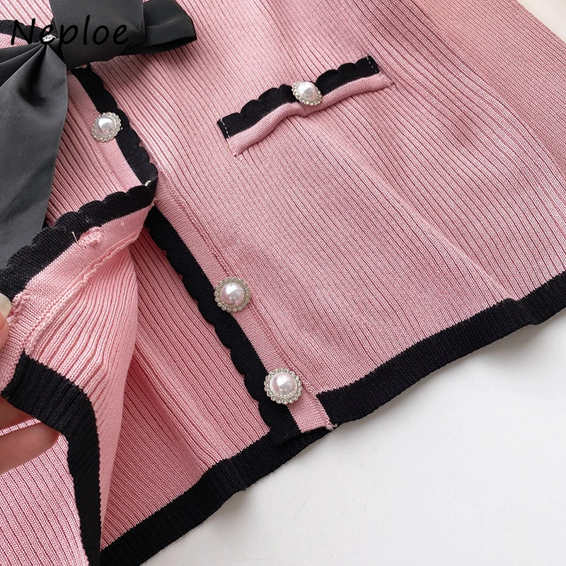 Neploe V-neck Bowknot Decoration Sweet Woman Sweaters Autumn 2024 Korean Style Short Knitted Cardigans Pearl Button Knit Tops