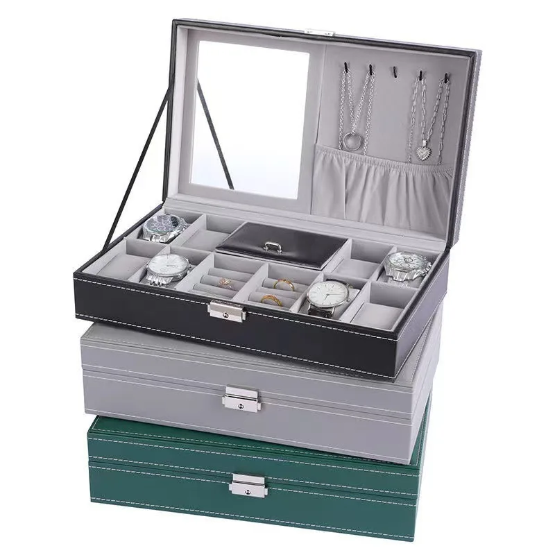 DELESYS Multi-Functional PU Leather Watch Jewelry Storage Box Ring Earrings Jewelry Packaging Box With Cosmetic Mirror
