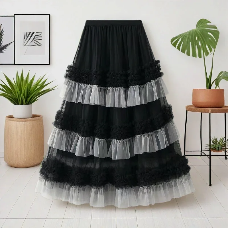 Summer New Irregular New Heavy Industry Long Skirt High Waist Splicing Puff Skirt Yarn Skirt Half Body Skirt Cake Mesh Skirt